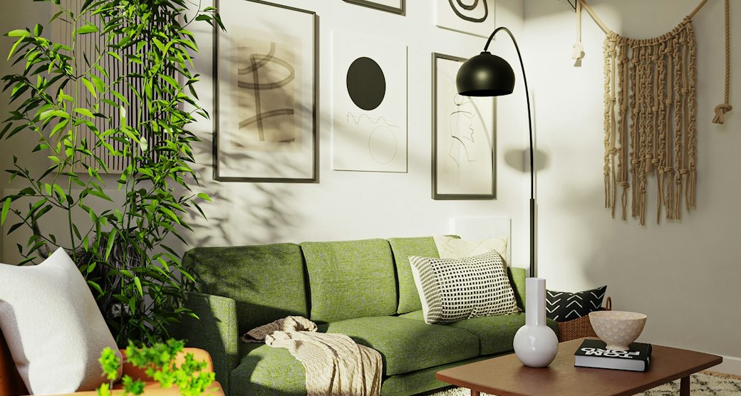 Well-proportioned area rug anchoring a bright condo living room seating group